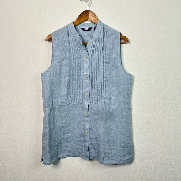 Land’s End Women’s 100% Linen Pintuck Sleeveless Button Up Top Size M - Picture 1 of 12